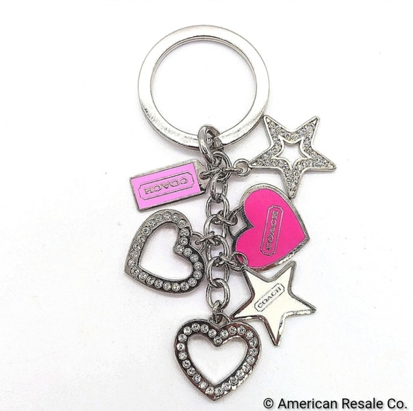 Vintage COACH Pink Pave Heart Stars Swarovski Crystal Multi Charm Keychain Fob - Picture 2 of 4